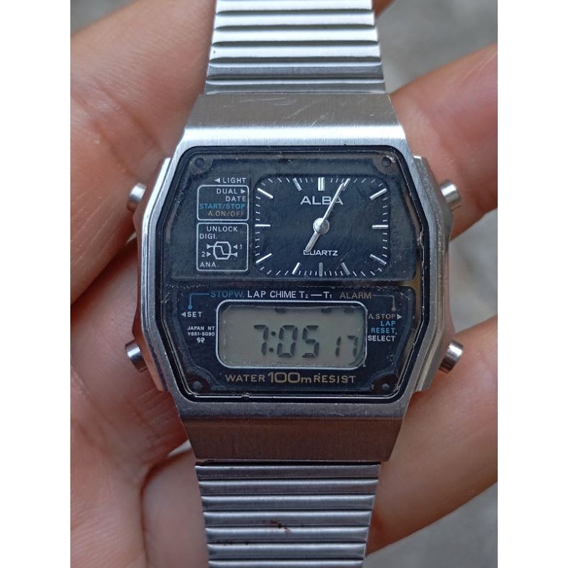 jam tangan Alba Y651 511A vintage analog digital second bekas original