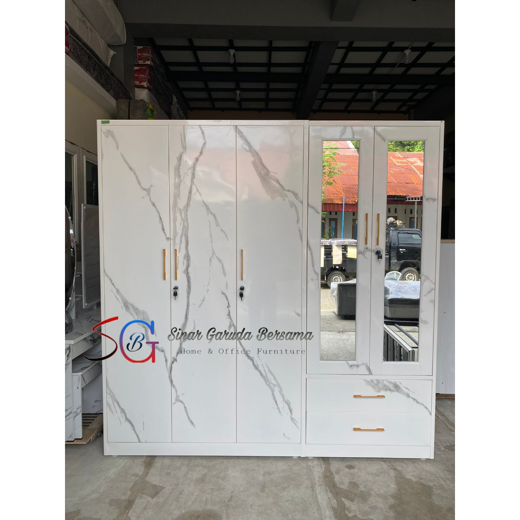 LEMARI PAKAIAN 5 PINTU JUMBO BAHAN PLAT BESI 2 KACA 2 LACI / LEMARI BAJU WARNA PUTIH MOTIF MARBLE MO