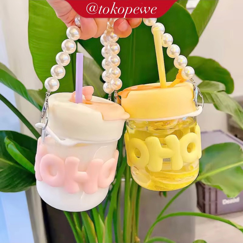 [HOHO MUTIARA HM] 350ml Gelas Kaca Tumbler HOHO Gelas Kopi  Aesthetic Cup dengan Gantungan Rantai Mu