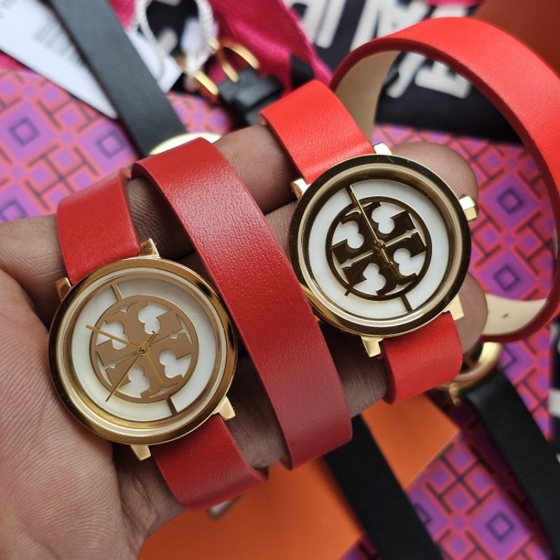 TORY BURCH REVA Double Strap Leather Red TRB4031 Original Jam Tangan Wanita 28mm