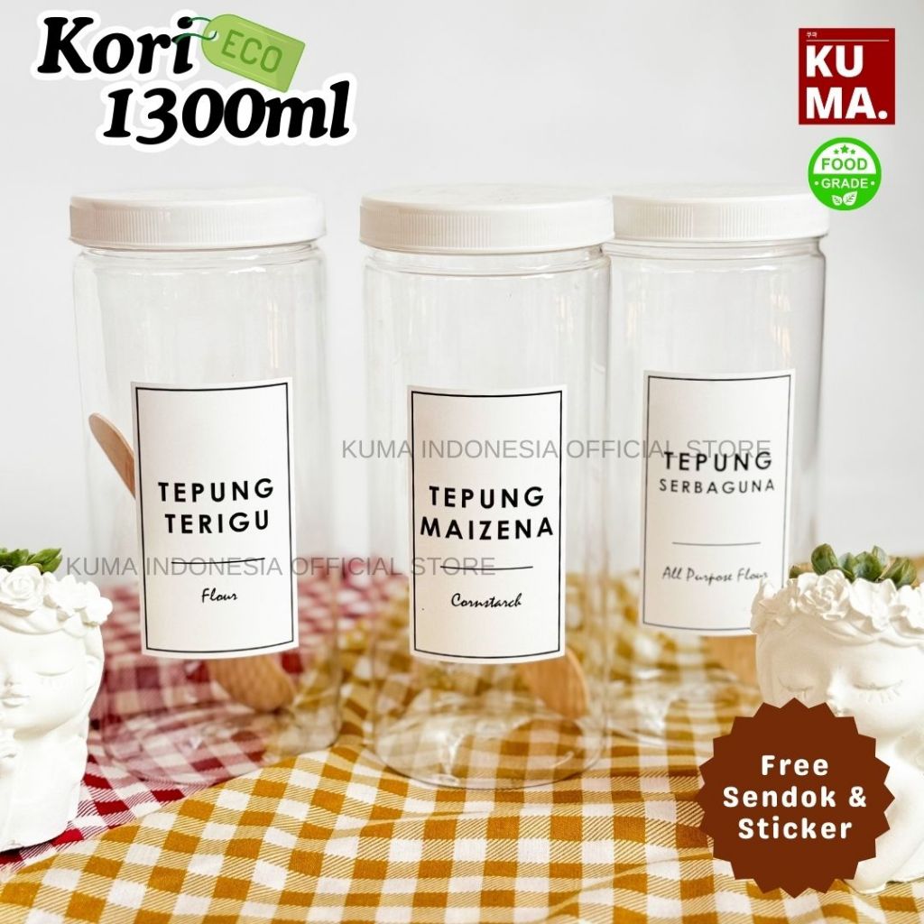 KUMA Kori 1300ml Tutup Putih Toples Bahan Plastik Food Grade Free Stiker