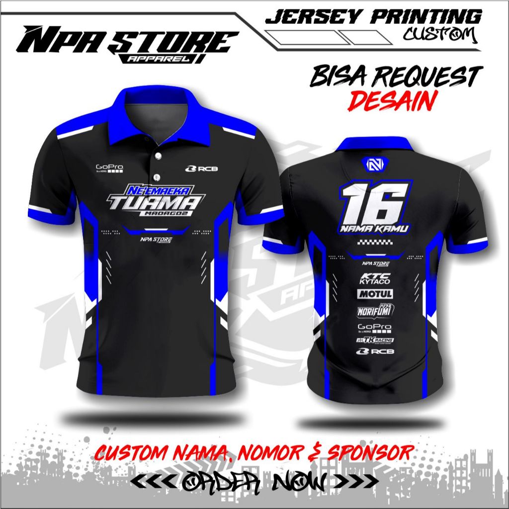 JERSEY RACING KERAH CUSTOM NAMA NOMOR SPONSOR FULL PRINTING JERSEY BALAP WARNA BIRU HITAM BAHAN ADEM