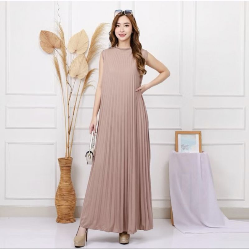 Inner Dress Plisket Tanpa Lengan Polos Hyget Premium Dress Maxi  Baju Panjang Wanita Kekinian
