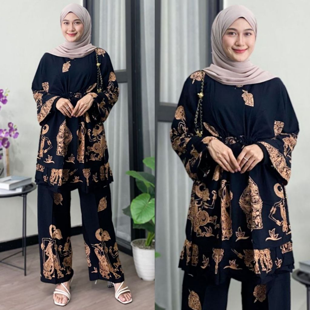 Setelan Tunik Wanita Size Jumbo Motif Wayang Busui Rayon Pemium Halus Adem Dan Nyaman Dipakai