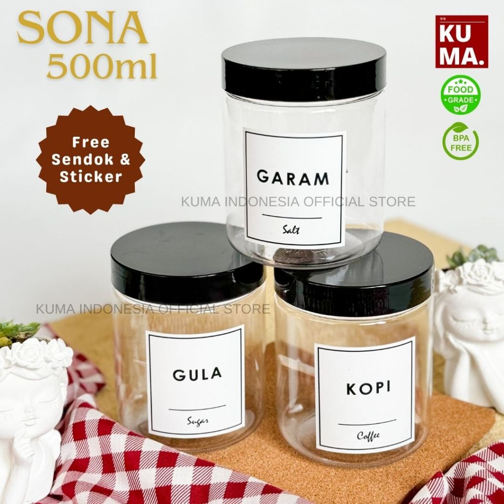 KUMA Sona 500ml Tutup Hitam Toples Bahan Plastik Food Grade Free Stiker