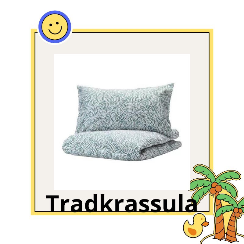 TRADKRASSULA.    Sarung duvet dan sarung bantal, putih/biru, 150x200/50x80 cm