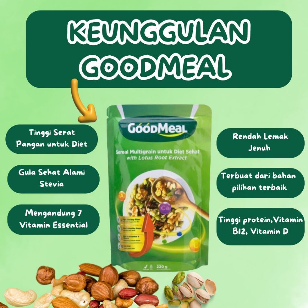 

Sereal Sehat GoodMeal - Tinggi serat, Stevia, 7 Vit Essential, Tinggi protein, vit B12