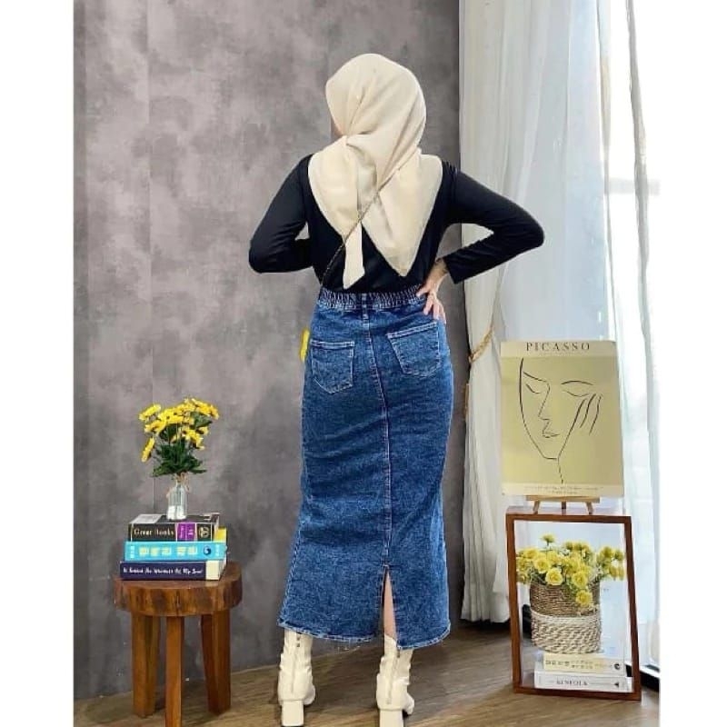 Rok jeans panjang Korea style rok jeans skrit span kancing