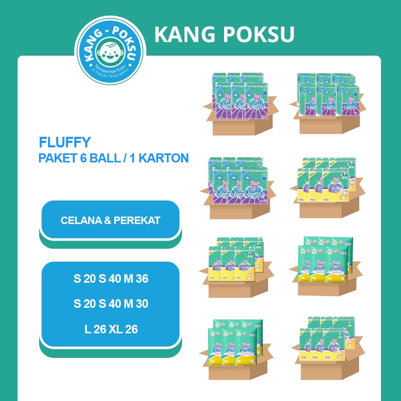 FLUFFY PAKET 6BALL/1KARTON PANTS S20 S40 M30 L26 XL26 TAPE S 20 S 40 M 36 POPOK CELANA & PEREKAT KPS