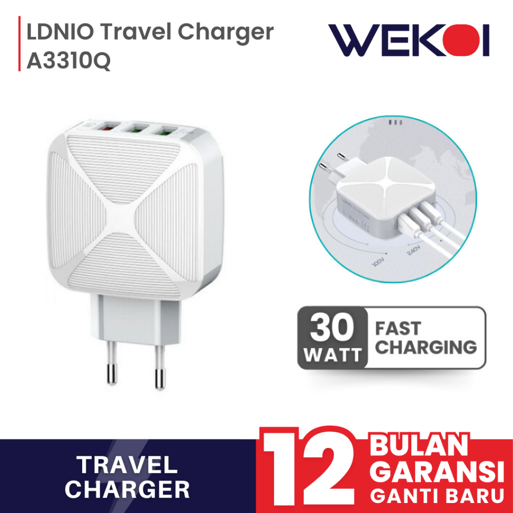 Travel Charger LDNIO A3310Q Fast Charging 3 USB QC3.0 + AUTO-ID untuk Gadget Smartphone