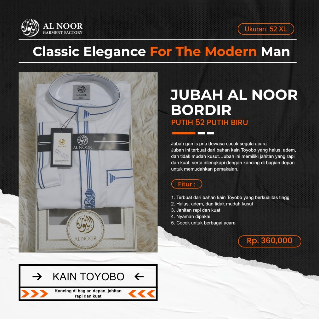 Jubah Al Noor bordir putih 52 putih biru XL