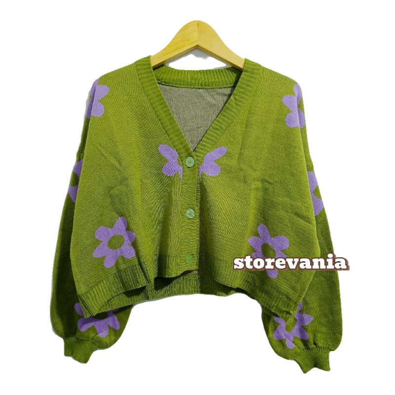 Cardigan Rajut Oversize Tangan Balon Cardi Croptop Premium Motif bunga