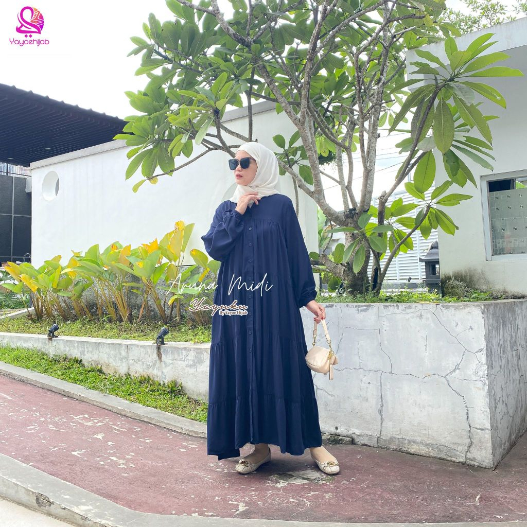 Aruna Midi Dress Bahan Rayon Twill Fashion Muslim Polos Yayuku by Yayoe Hijab