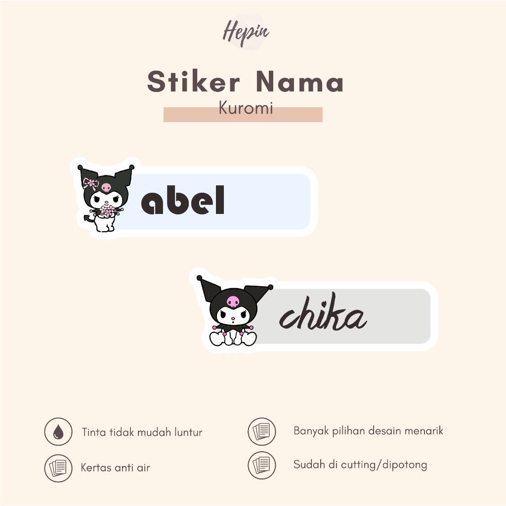 

(90 - 120 pcs) label nama Sanrio KUROMI / Stiker Nama Anak Murah / Label Nama Custom/cutting stiker nama anda