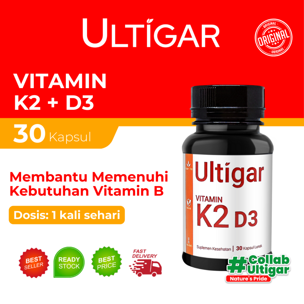 Ultigar Vitamin K2 + D3 - K2 120 mcg D3 400 IU - Botol isi 30 Kapsul Lunak - Suplemen Kesehatan