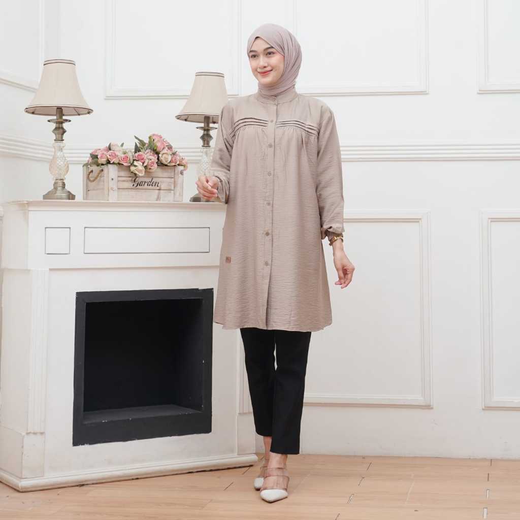 Gratong (Ld 110-130) Naura Long Tunik Baju Atasan Wanita Tunic Katun Polo Linen Premium Wanita