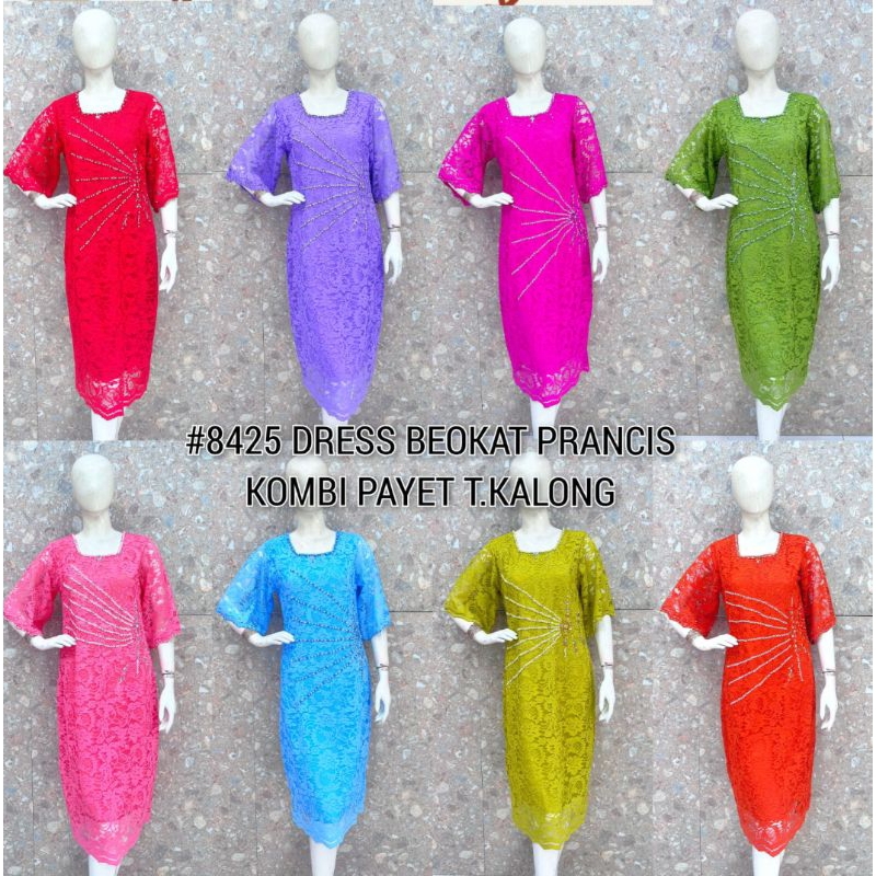 8425 Dress brukat prancis kombi payet - Dress brukat prancis tangan kalong