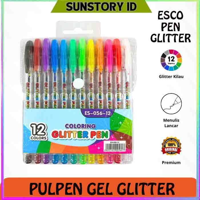 

1 LUSIN 12PCS / PULPEN GEL GLITTER WARNA WARNI ESCO ORIGINAL / PULPEN GLITTER WARNA / BOLPEN / PENA