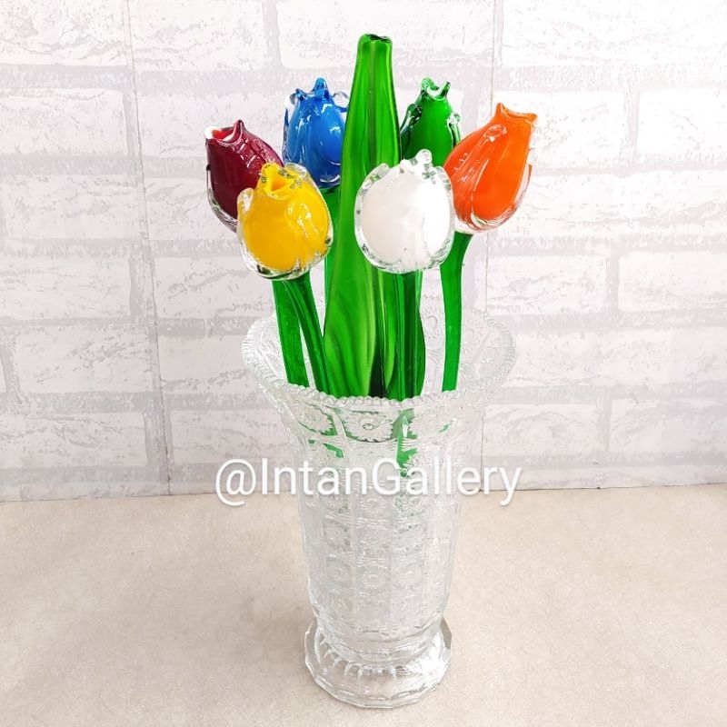 Bunga Tulip Kristal Kaca Bening - Tinggi 35 cm - Dekorasi Mewah Hiasan Interior Ruang Tamu - GRATIS 