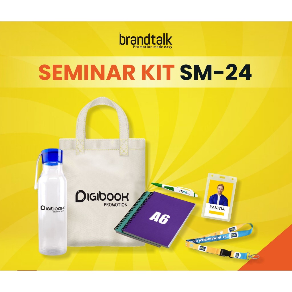 

Tas Canvas, Tumbler Colada, Notebook Spiral A5, Pulpen, Lanyard, Cocard Plastik - Paket Custom Seminar Kit Isi 6 - SM24