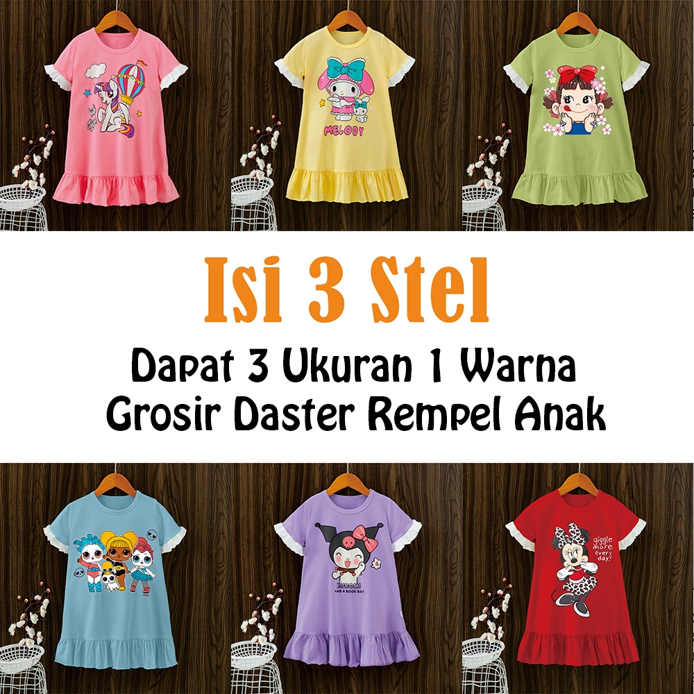 Isi 3 Stel Piyama Daster Rempel Anak / Khusus Grosir Baju Tidur Anak Piyama / Toko Moon Moon Blok A 