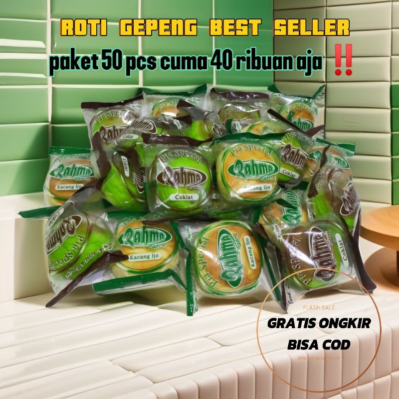 

PAKET 50pcs ROTI GEPENG PIA BASAH RAHMA BAKERY RASA COKLAT DAN KACANG IJO 1 PACK ISI 50PCS DIBUAT DARI BAHAN BERKUALITAS SUPER ENAK DAN EMPUK BEST SELLER MURAH VIRAL