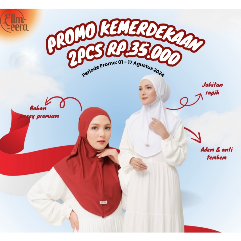 ELLMEERA Hijab Bergo Tali Wafa Instan / Edisi Agustusan / Kerudung Tali Wafa Merah Putih / Bahan Jer