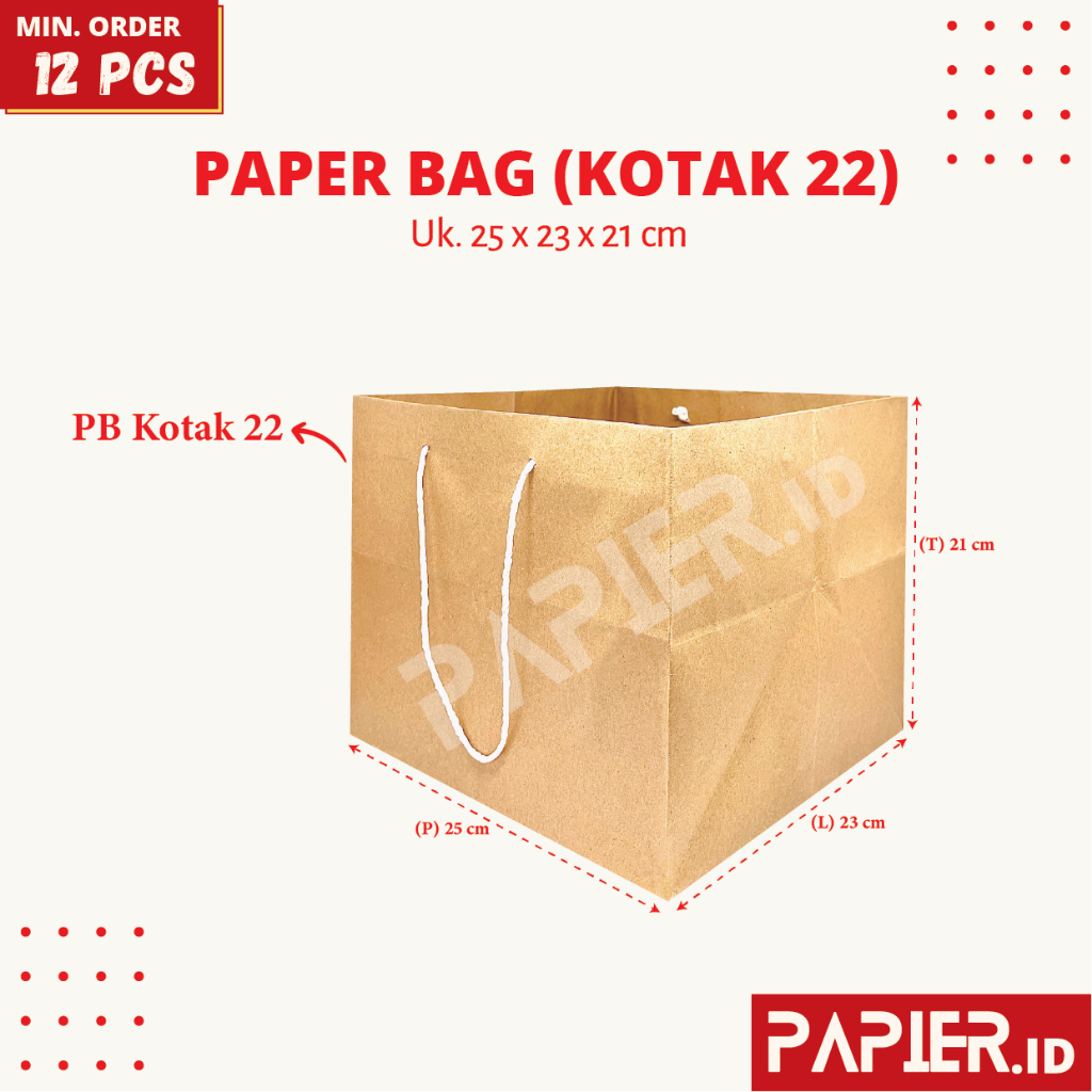 

(isi 12pcs) Paper Bag Kraft Kotak Nasi 22 uk. 25x23x21 cm / Tas Kantong Kertas Coklat Polos Dus Box Nasi 22x22