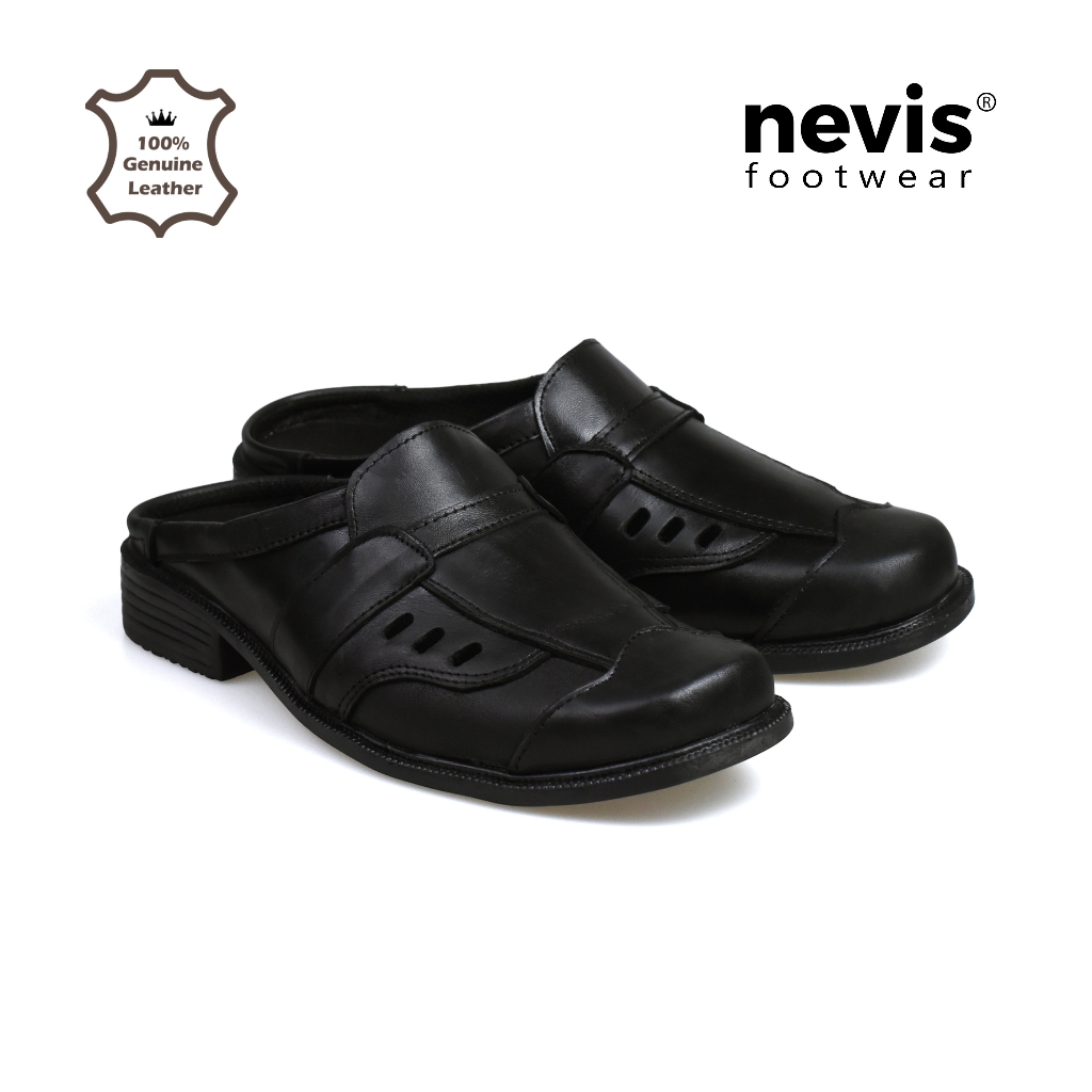 NEVIS Sepatu Sandal Selop Bustong Pria Diego Kulit Sapi Asli Slip On Slop Hitam