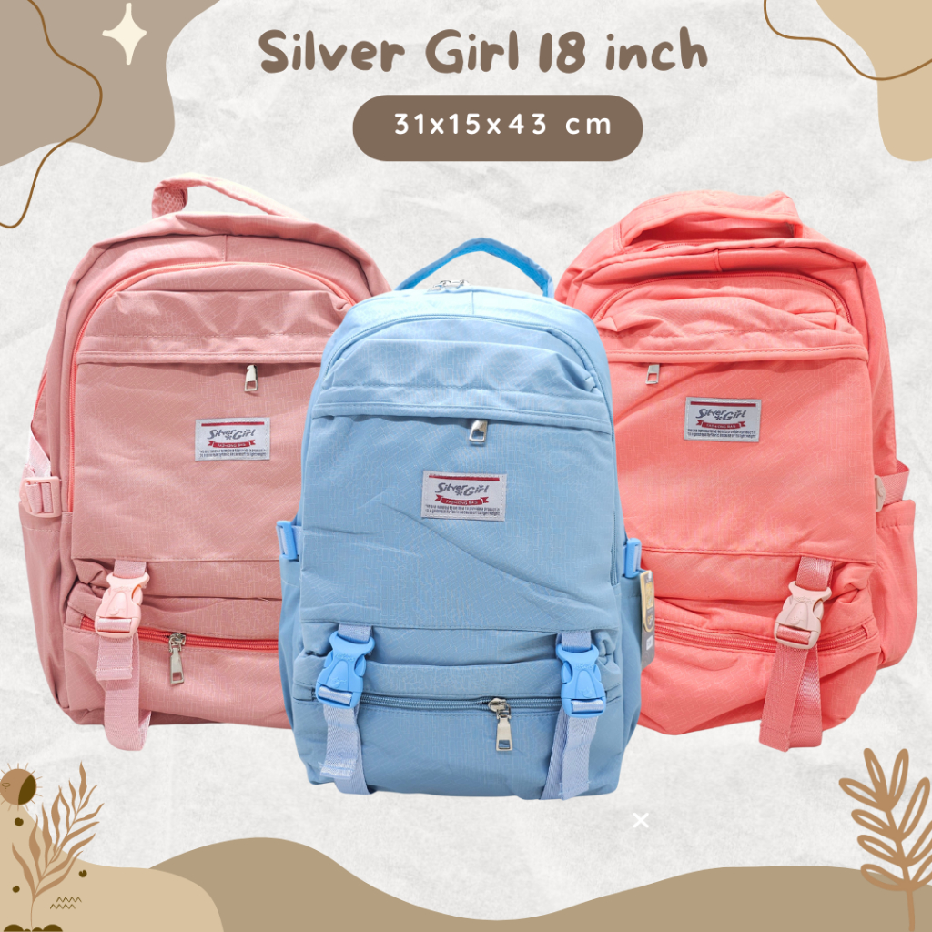 TAS SILVER GIRL PREMIUM BAHAN PARASUT TEBAL LEMBUT KUAT 18 INCHI 4 RUANG ORIGINAL / RANSEL LAPTOP SI