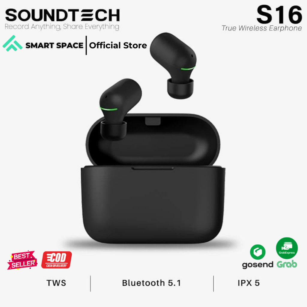[SPCE] SOUNDTECH S16 TWS Wireless Earphone Bluetooth 5.1 Touch - Black Original Resmi 12 Bulan