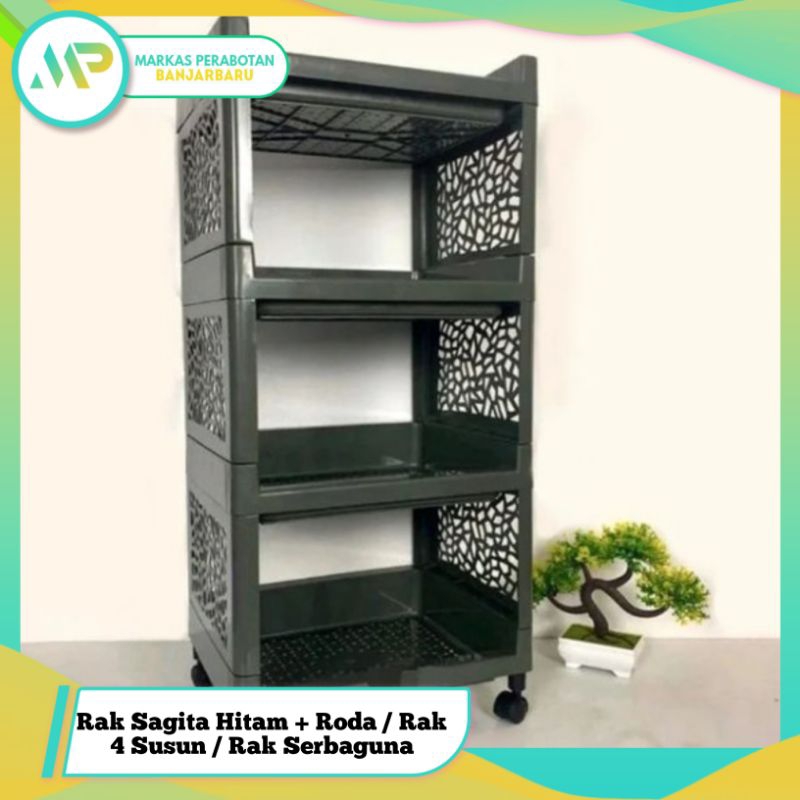 Rak Sagita Hitam + Roda / Rak 4 Susun / Rak Serbaguna
