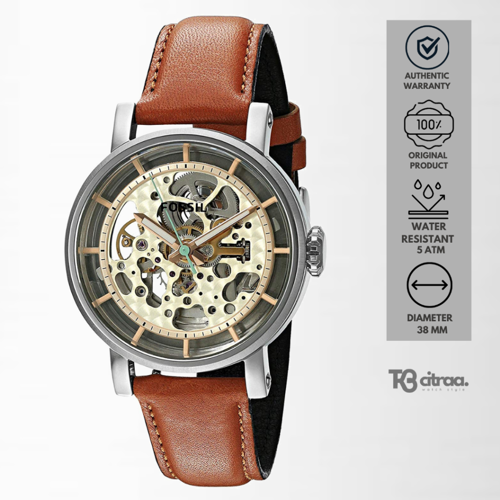 jam tangan fossil automatic wanita boyfriend analog strap kulit cewek brown leather water resistant 