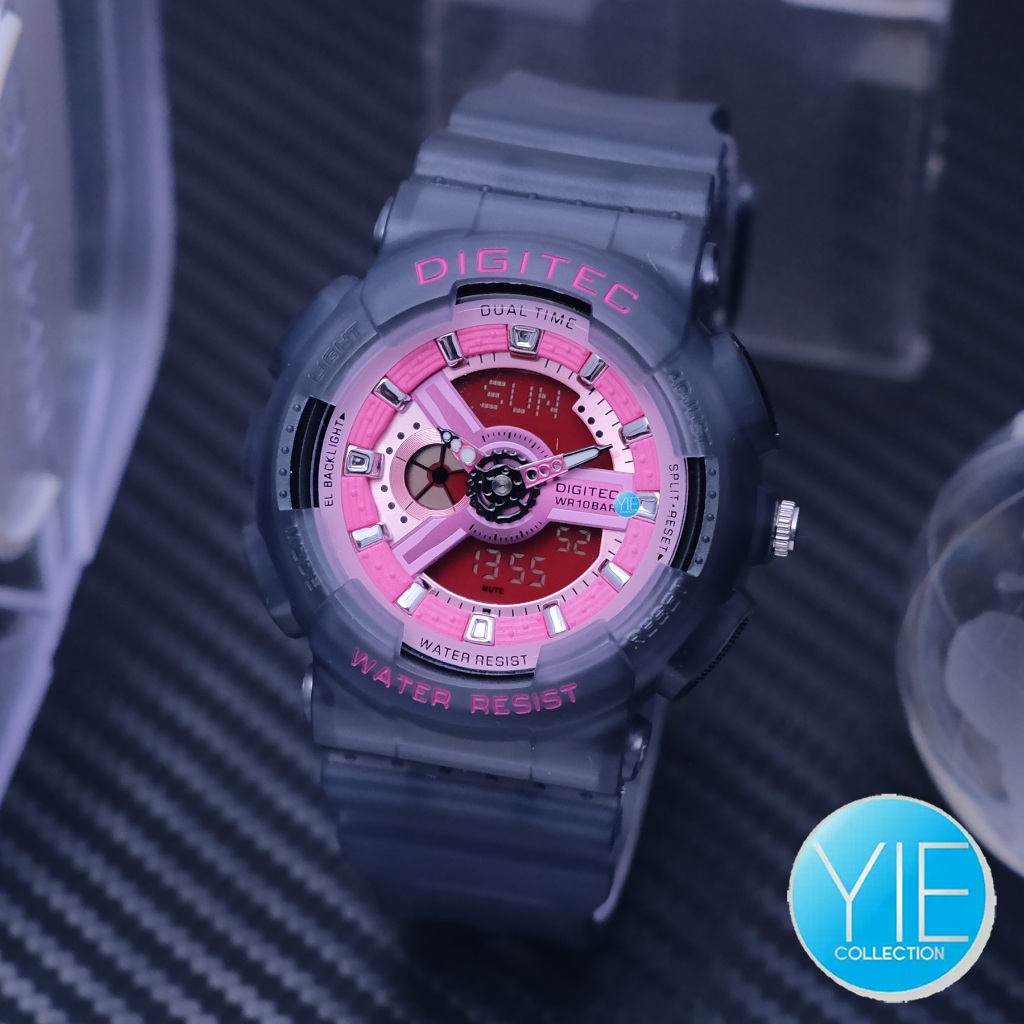 Jam Tangan Wanita Digitec Sport Fashion BDA 4020 T Hitam Pink Transparan Analog Original Anti Air