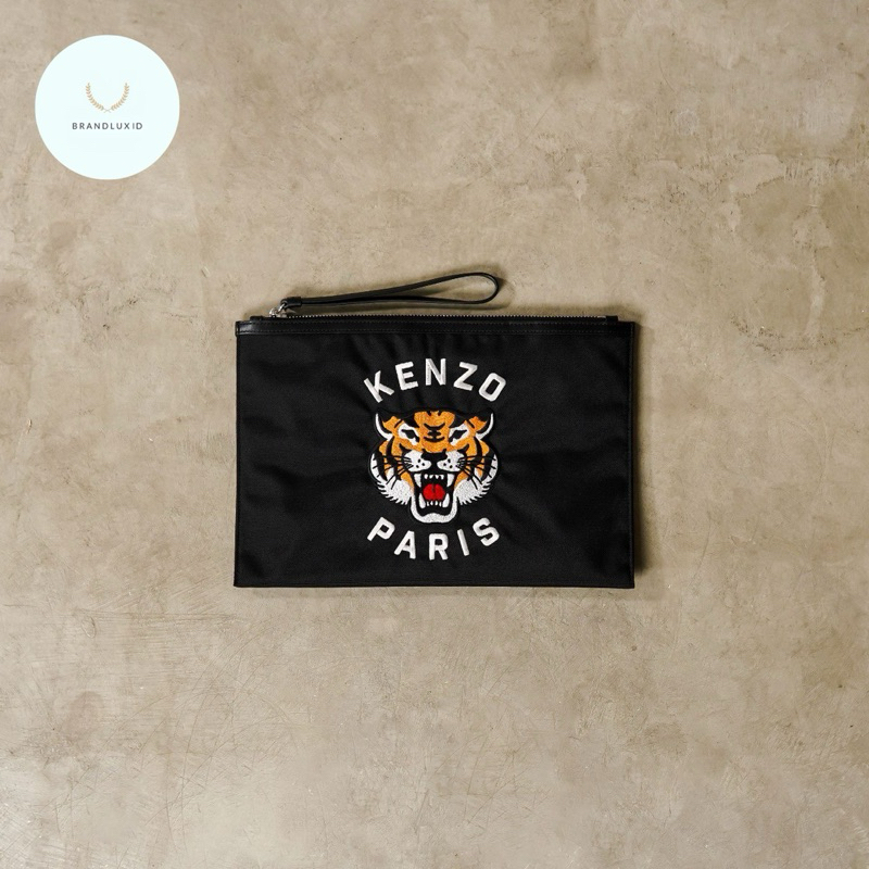 Kenzo Lucky Tiger Embroidered Clutch with Handle in Black