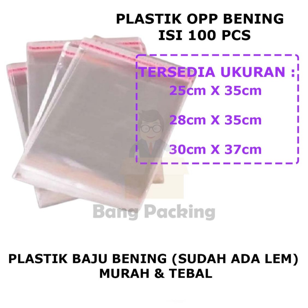 

Plastik Baju Bening isi 100 pcs - Plastik OPP Bening 25x35 - Plastik OPP Bening 28x35 - Plastik OPP Bening 30x37
