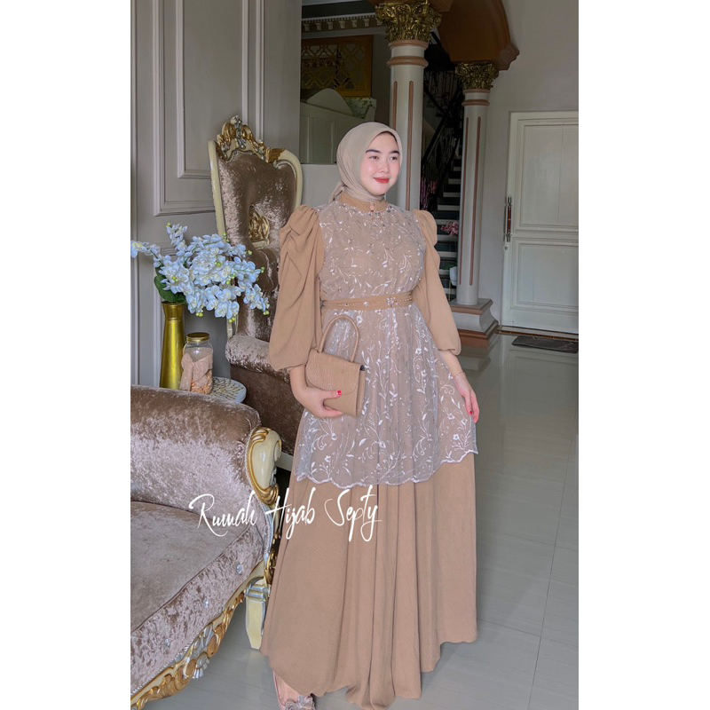 {RHS} ABELIIA GAMIS CRINKLE SUTRA KOMBINASI BROKAT PAYET / GAMIS KONDANGAN MAYUNG / GAMIS BUSUI SIMP