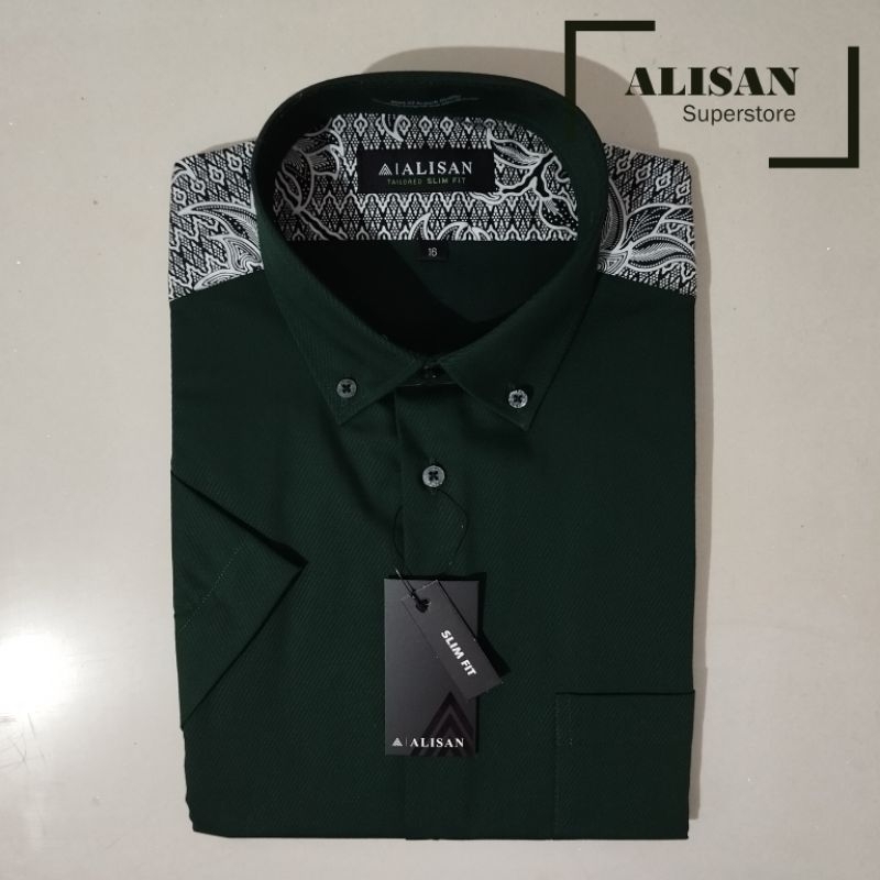 Alisan Kemeja Pria Dobby Hijau Botol Pundak Batik Lengan Pendek Slimfit/Reguler