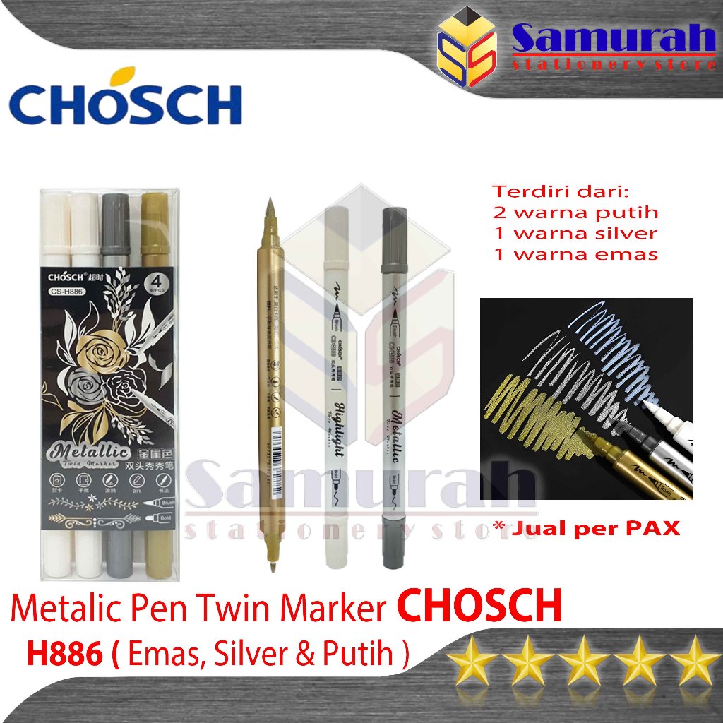 

Arm Spidol Metalik Chosch CS H886 Set isi 4 pcs / Metallic Twin Marker Brush & Bold Warna Putih -