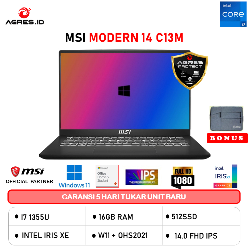 MSI MODERN 14 I7 1355 16GB 512GB W11+OHS 14.0FHD IPS BLIT 2Y GRAY -F13MG.064