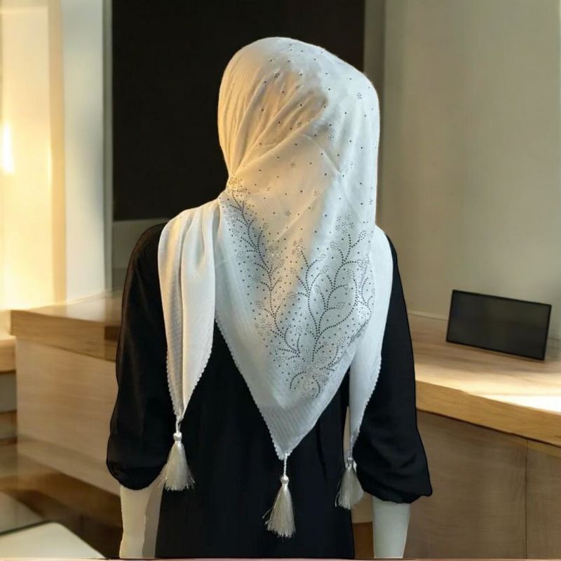 Hijab segi empat motif tasel jambul payet daun akar/Kerudung payet pesta/Jilbab tassel swarovski