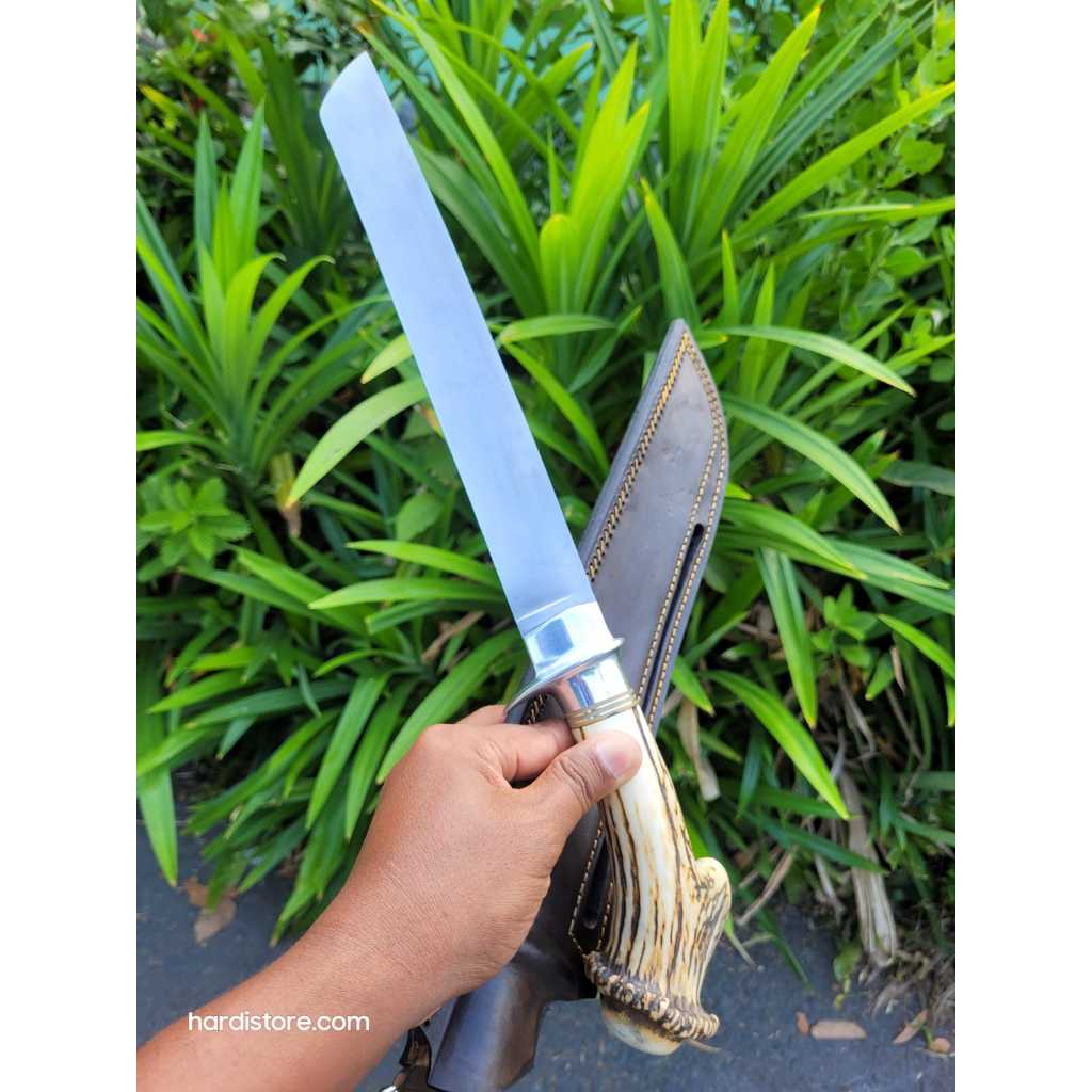 Pisau Sembelih 25 cm Baja Bohler K110, Handle Tanduk Rusa Acecoris Duralium, Sarung Kulit Sapi