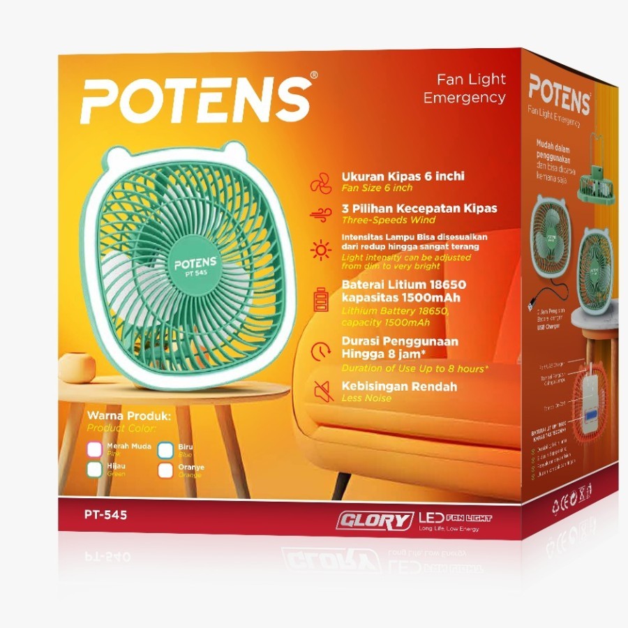Kipas Angin Cas Meja USB 6 Inch + Lampu Emergency Light POTENS PT-545 Kipas Charge Besar
