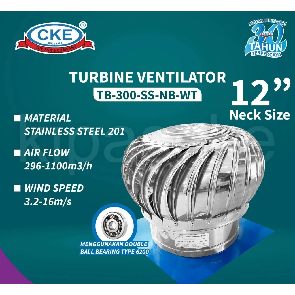 Turbin Ventilator CKE 12 Inch TB-300-SS-NB-WT Ventilasi Udara Atap