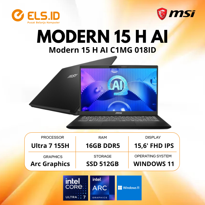 MSI Modern 15 H AI C1MG Core Ultra 7-155H 16GB SSD 512GB 15.6" FHD W11+OHS