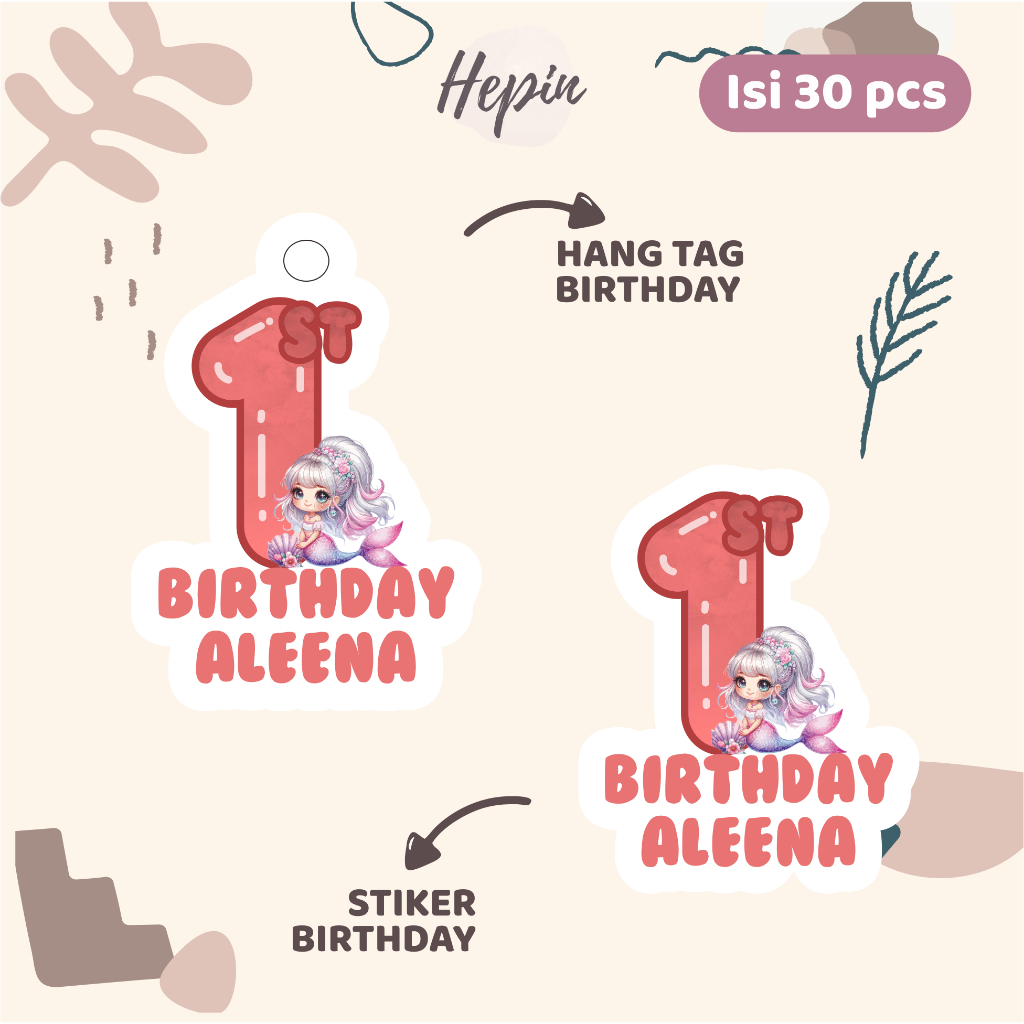 

(30pcs) cetak Hang tag ulang tahun & stiker ulang tahun MERMAID AI lucu /custom nama /label tag ulang tahun murah/hang tag ulang tahun/tag souvenir ulang tahun/stiker nama ualang tahun/diecut stiker&t ag