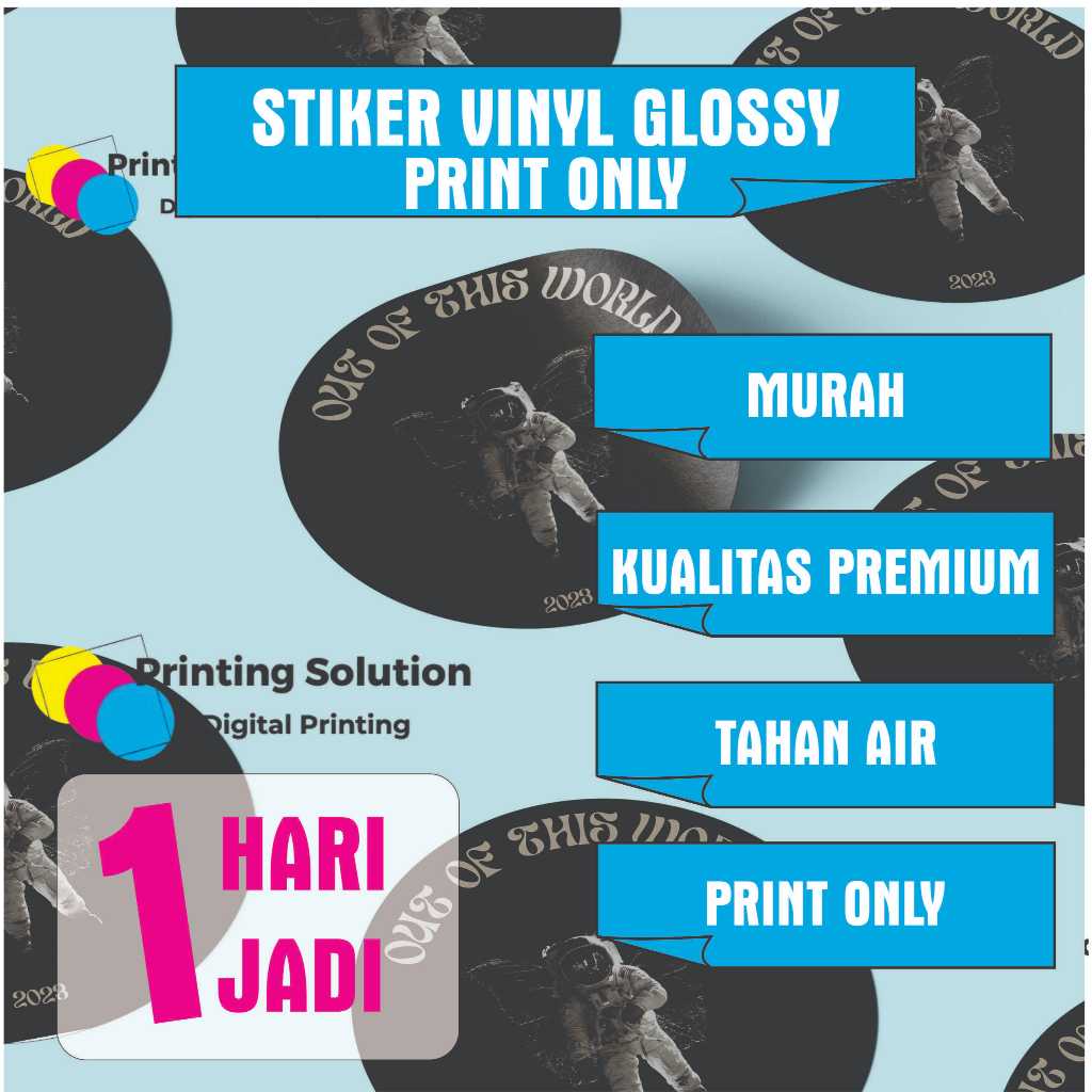 

Cetak Stiker Vinyl Glossy / PRINT ONLY vinyl a3+ tanpa laminasi
