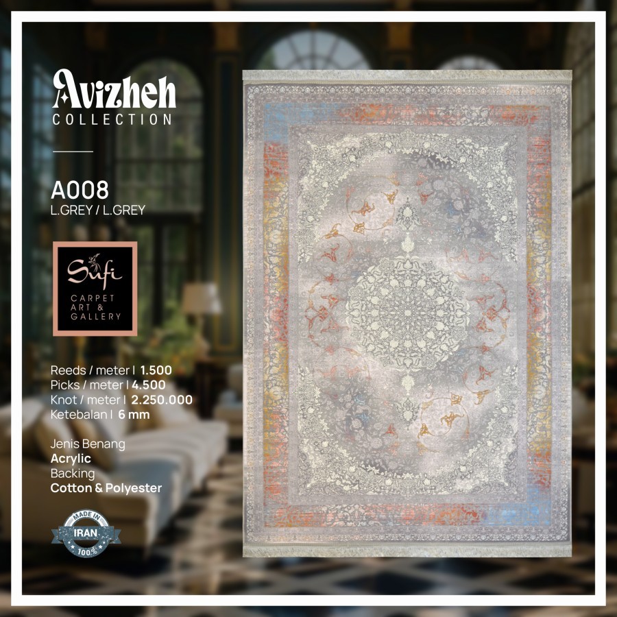 Karpet Lantai Tebal Premium Iran Avizheh A008 L.Grey L. Grey 150x230