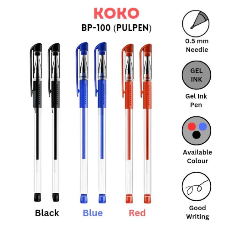 

[PAKET ISI 6 PCS] Bolpen Pulpen Bolpoin Koko BP-100 GI PEN Merah Hitam Biru merah
