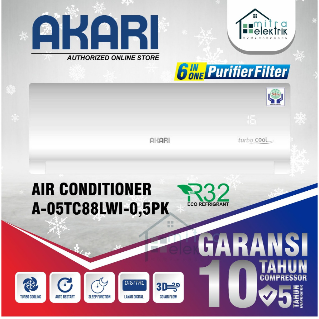 AC Akari 1/2 PK 05TC88LWI Turbo Cool R32 Gold Fin With Air Purifier 0.5PK